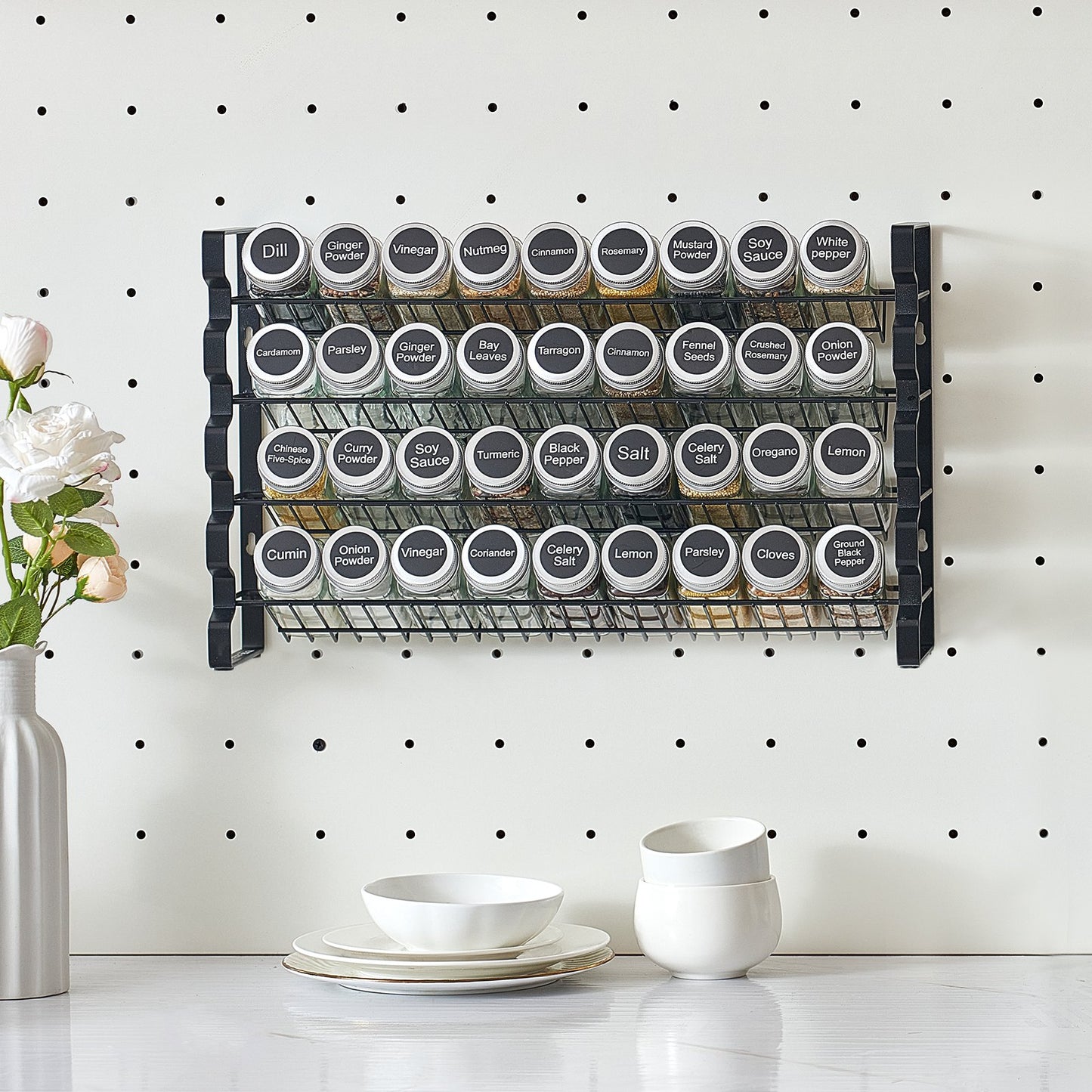 4-Tier Spice Rack Organizer with 36 Glass Jars – Countertop or Wall Mount-SROYAS -color:Black