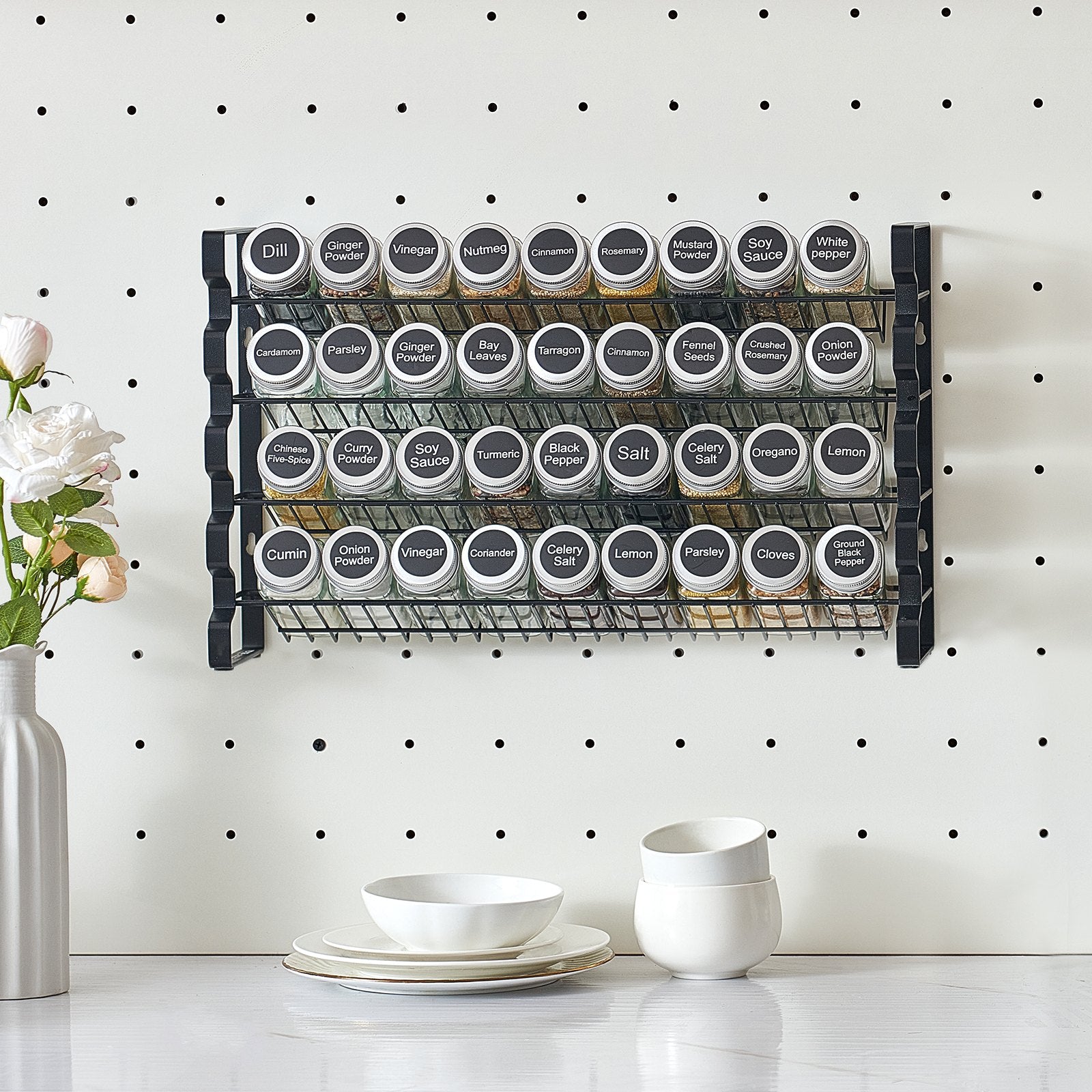 4-Tier Spice Rack Organizer with 36 Glass Jars – Countertop or Wall Mount-SROYAS -color:Black
