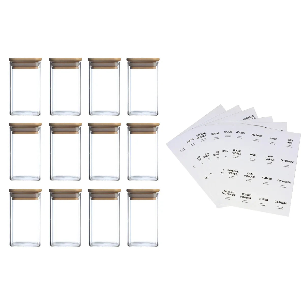 12-Piece Square Spice Jar Set with 72 Labels | Glass Kitchen Seasoning Organizer-SROYAS -Quantity:Twelve