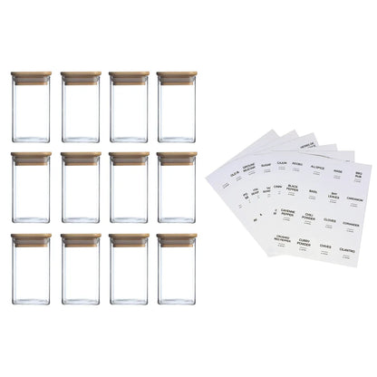 12-Piece Square Spice Jar Set with 72 Labels | Glass Kitchen Seasoning Organizer-SROYAS -Quantity:Twelve