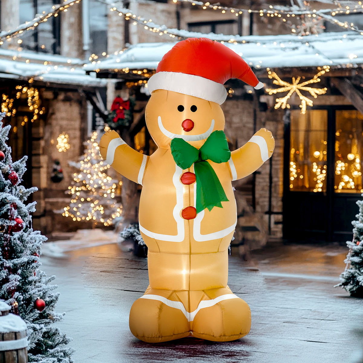 Gingerbread figure with Santa hat and green bow in a yard