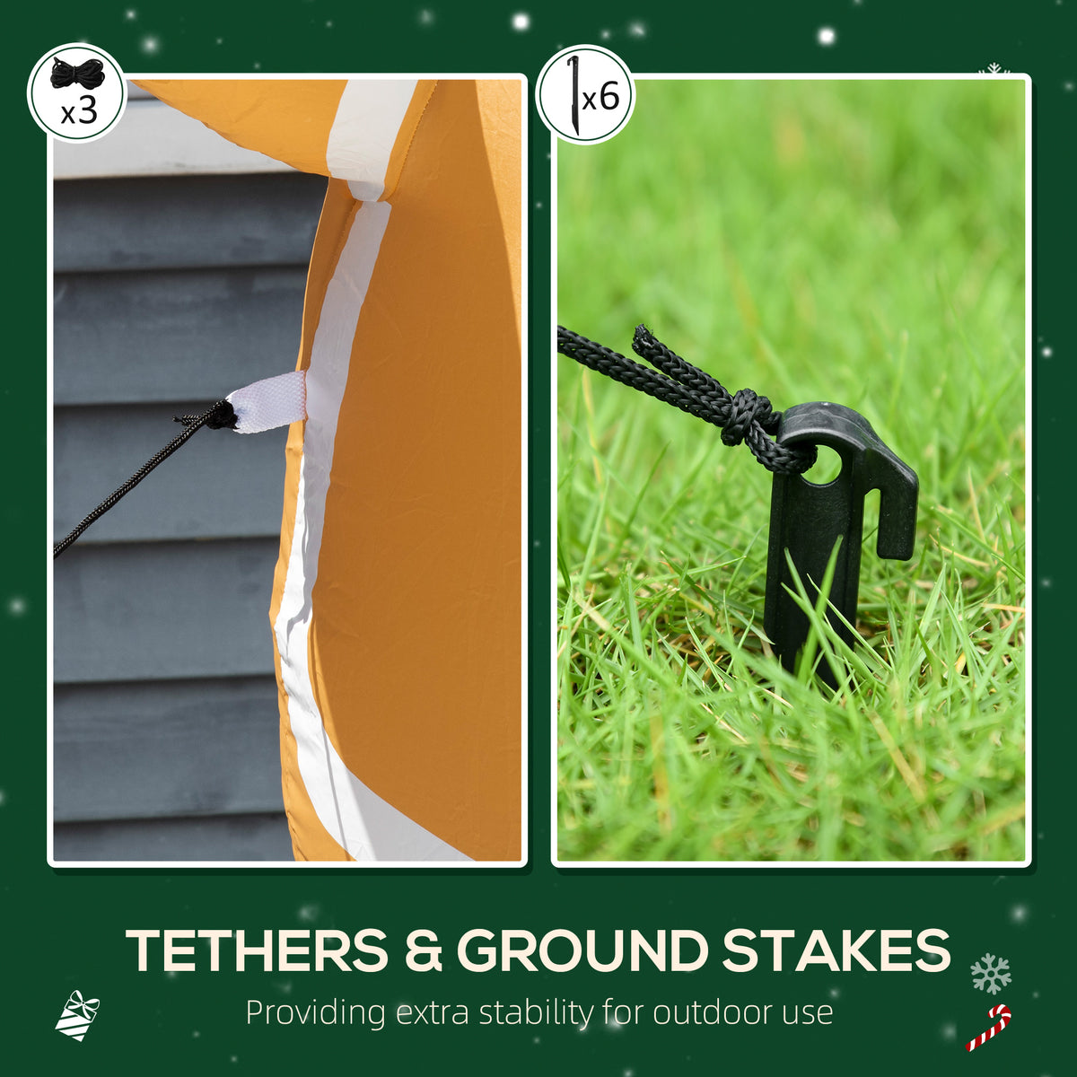 Three tethers and six stakes shown for anchoring