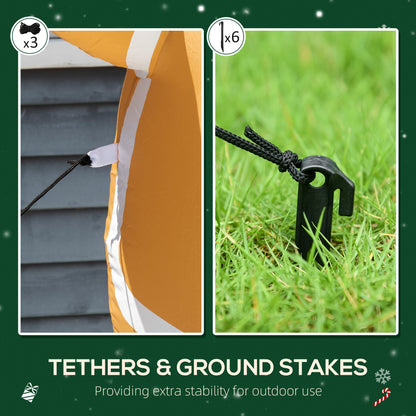 Three tethers and six stakes shown for anchoring
