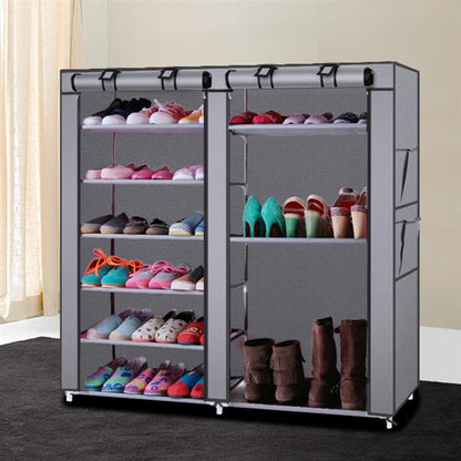 Shoe rack illustrated with one section arranged for taller footwear
