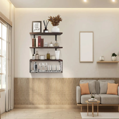 Rustic Floating Shelves with Iron Storage Basket | 3 Wood Shelves + Basket Wall Organizer-SROYAS 