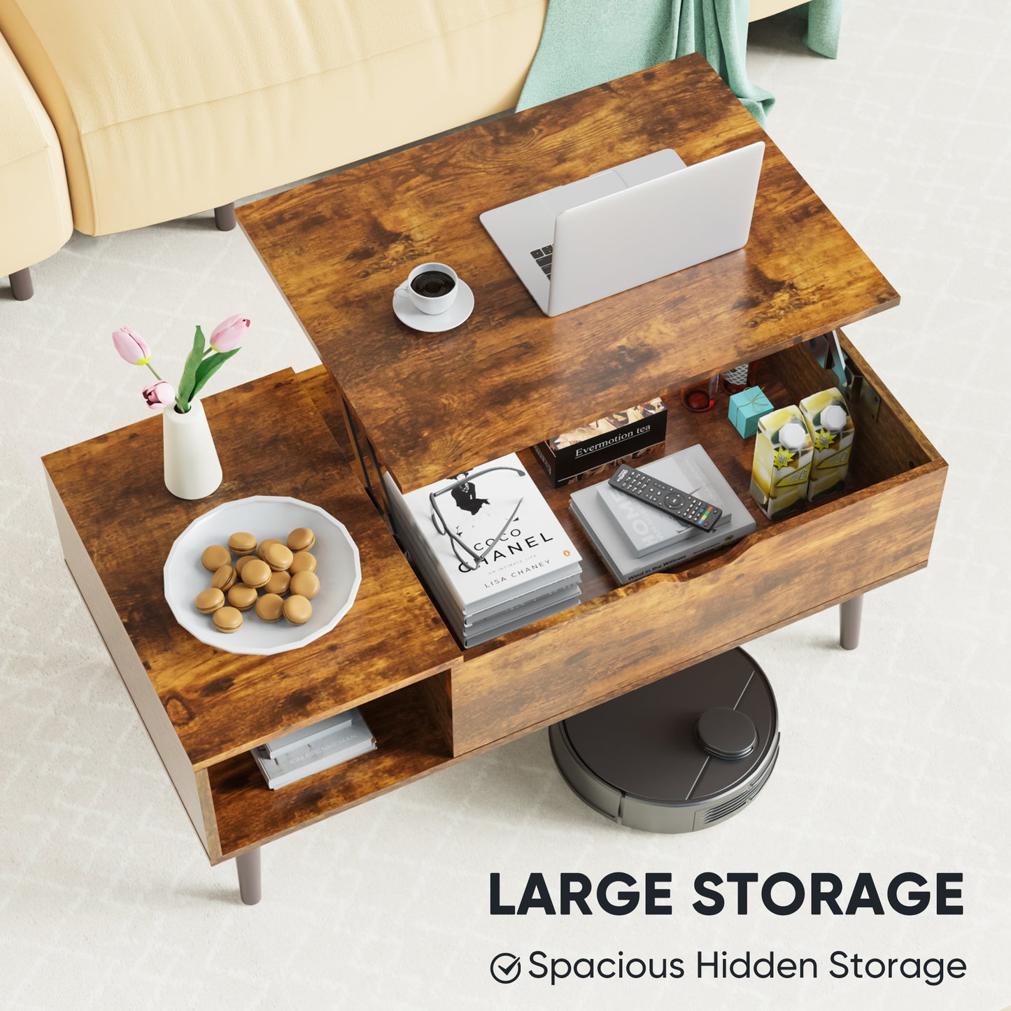 Lift Top Coffee Table with Hidden Storage – Modern Living Room Table-SROYAS -Attribute:Brown