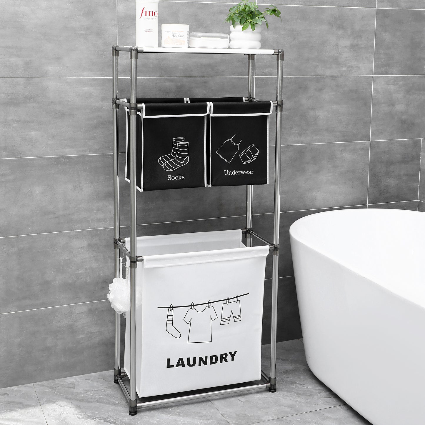 3-Tier Laundry Hamper Sorter | 4 Removable Bags, Wheels and Hooks for laundry room organization and clothes storage - SROYAS