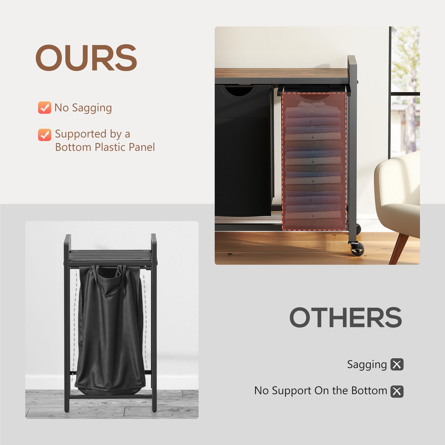Laundry Hamper with Pull-Out Bags, Shelf and Wheels | 2 or 3 Basket Sorter for bathroom organization and vanity storage - SROYAS