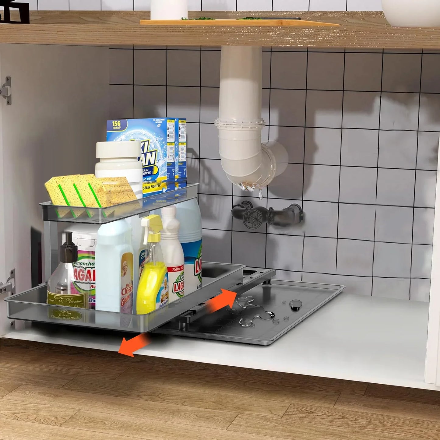 2-Tier Under Sink Pull-Out Organizer with Sliding Drawer-SROYAS 