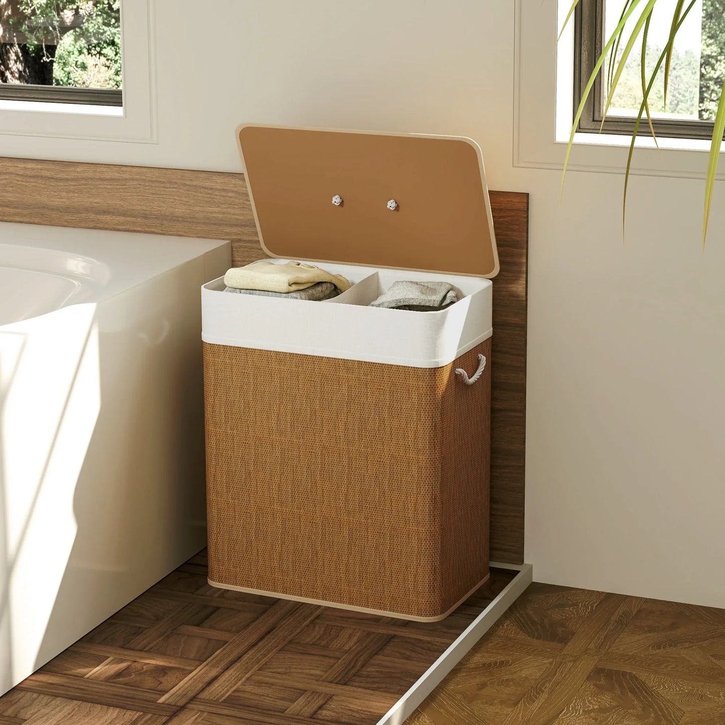 Double Bamboo Laundry Hamper - 26.4 Gal with Lid and Liner for pantry food storage and kitchen organization - SROYAS