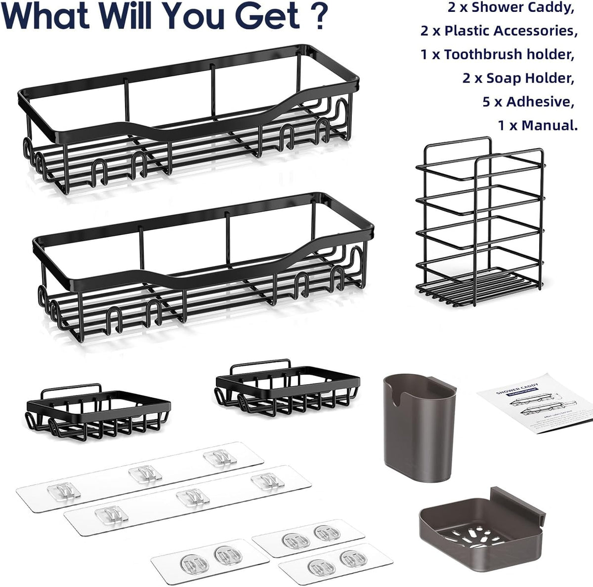 Two baskets, holders, plastic accessories, adhesives and manual