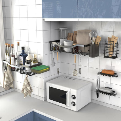 Black storage pieces used in a kitchen display