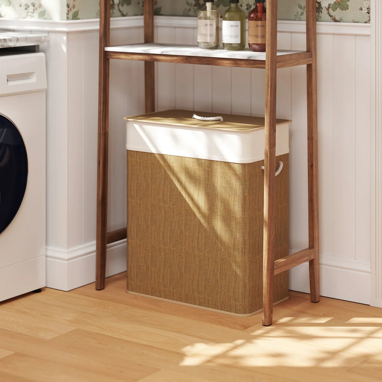 Double Bamboo Laundry Hamper - 26.4 Gal with Lid and Liner - Color: Brown Cream White for pantry food storage and kitchen organization - SROYAS