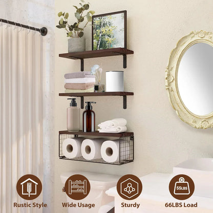 Rustic Floating Shelves with Iron Storage Basket | 3 Wood Shelves + Basket Wall Organizer-SROYAS 
