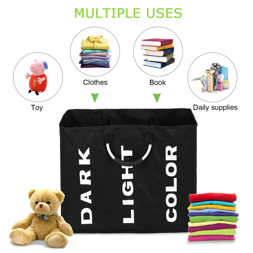 3-Section Foldable Laundry Bag | Oxford Fabric Clothes Sorter with Alloy Handle for laundry room organization and clothes storage - SROYAS