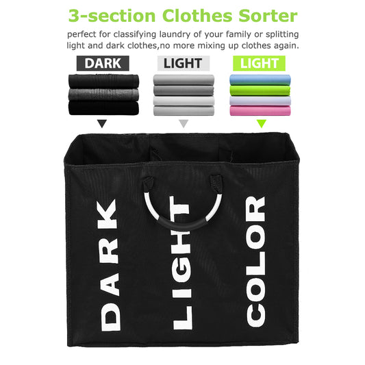 3-Section Foldable Laundry Bag | Oxford Fabric Clothes Sorter with Alloy Handle for laundry room organization and clothes storage - SROYAS