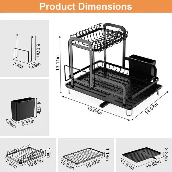 2-Tier Dish Drying Rack with Drainboard, Utensil Holder, Black-SROYAS 