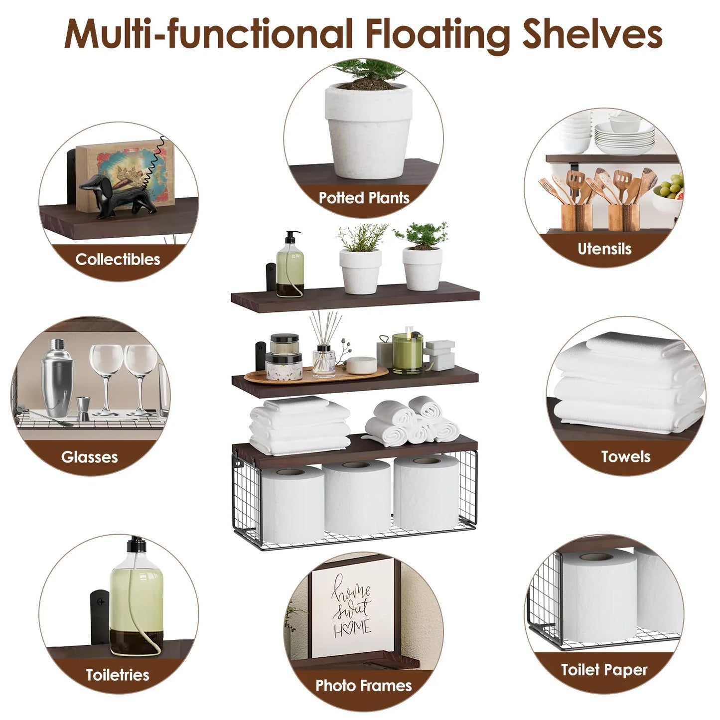 Rustic Floating Shelves with Iron Storage Basket | 3 Wood Shelves + Basket Wall Organizer-SROYAS 