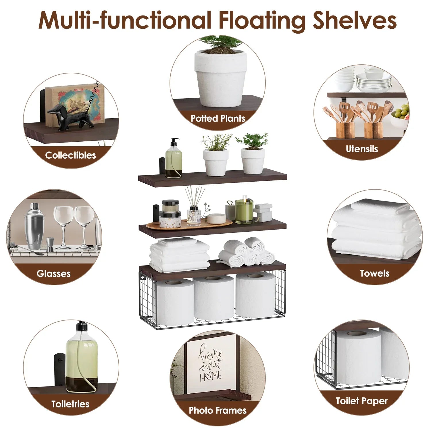 Rustic Floating Shelves with Iron Storage Basket | 3 Wood Shelves + Basket Wall Organizer-SROYAS 