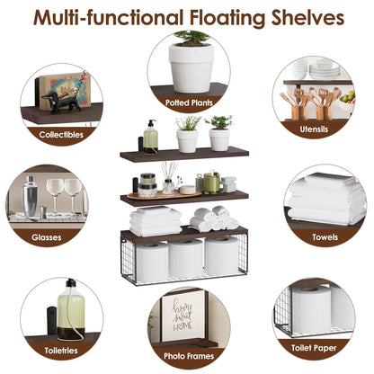 Rustic Floating Shelves with Iron Storage Basket | 3 Wood Shelves + Basket Wall Organizer-SROYAS 