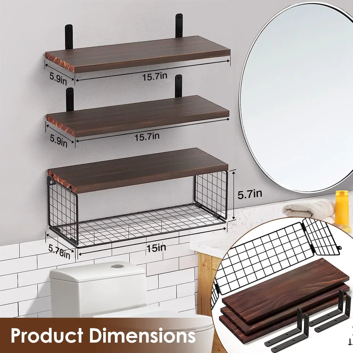 Rustic Floating Shelves with Iron Storage Basket | 3 Wood Shelves + Basket Wall Organizer-SROYAS 