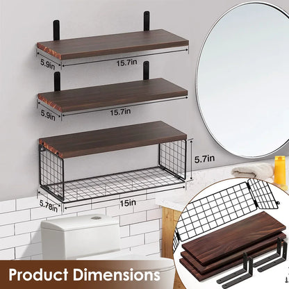 Rustic Floating Shelves with Iron Storage Basket | 3 Wood Shelves + Basket Wall Organizer-SROYAS 