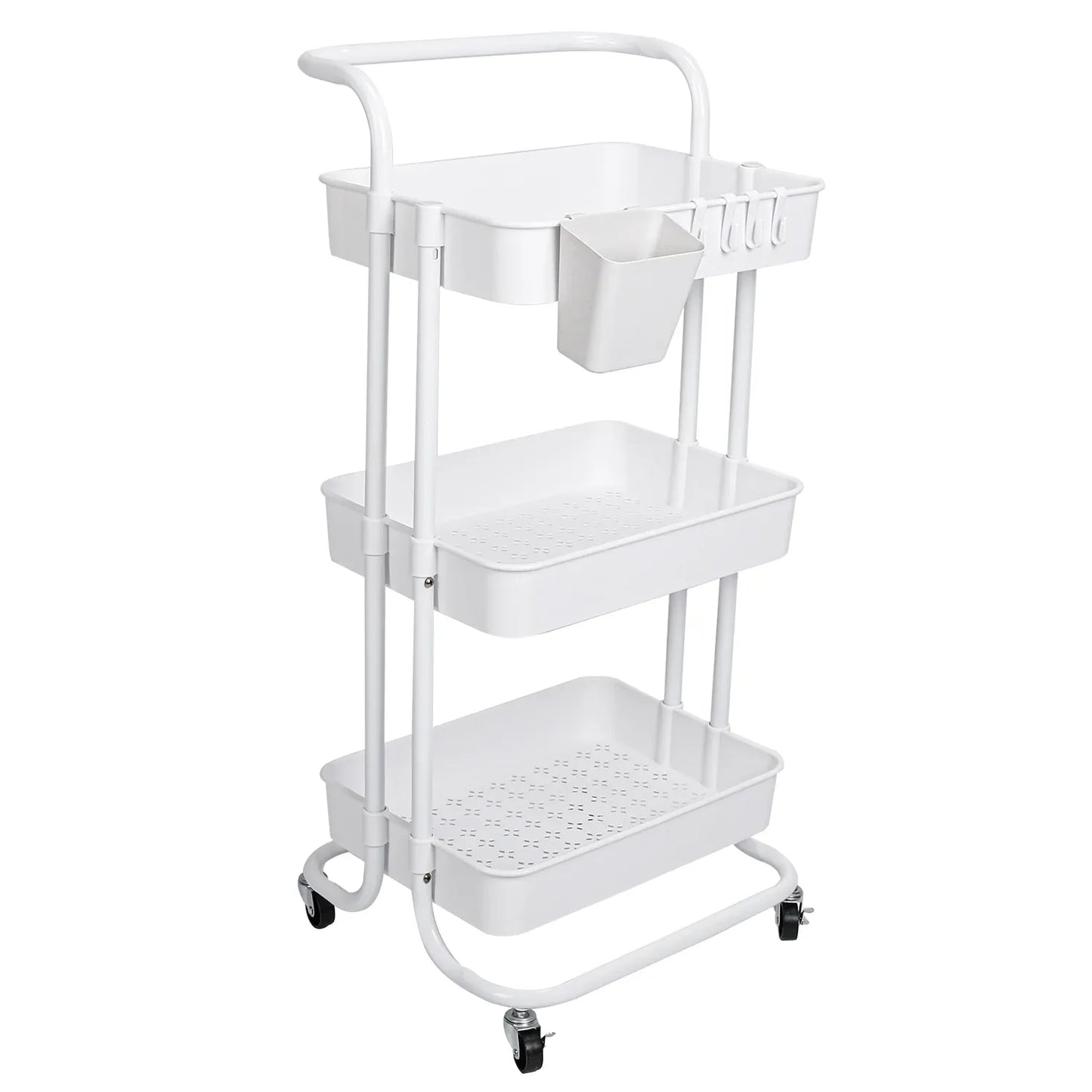 3-Tier Rolling Storage Cart – Mesh Baskets & Lockable Wheels-SROYAS -Color:White