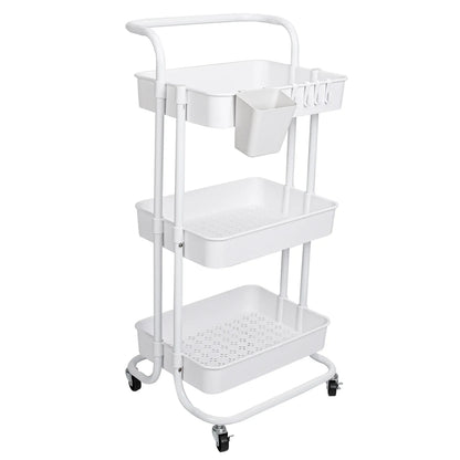 3-Tier Rolling Storage Cart – Mesh Baskets & Lockable Wheels-SROYAS -Color:White