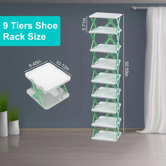 Nine-tier shoe rack size diagram and individual shelf measurements