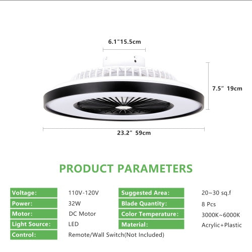 23-Inch Smart Ceiling Fan with RGB Light & Remote Control-SROYAS 