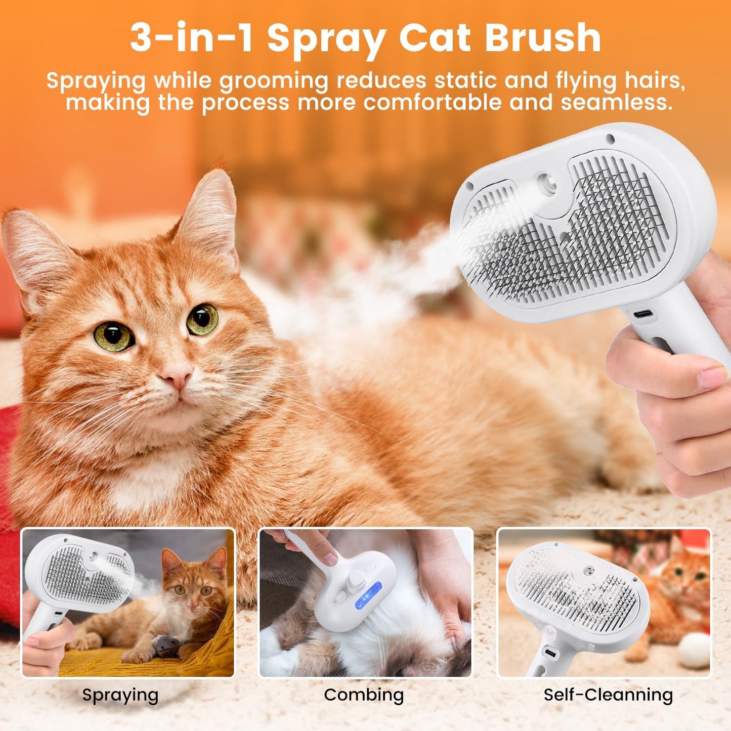 3-in-1 Steam Pet Grooming Tool: Spray Brush & Comb-SROYAS 
