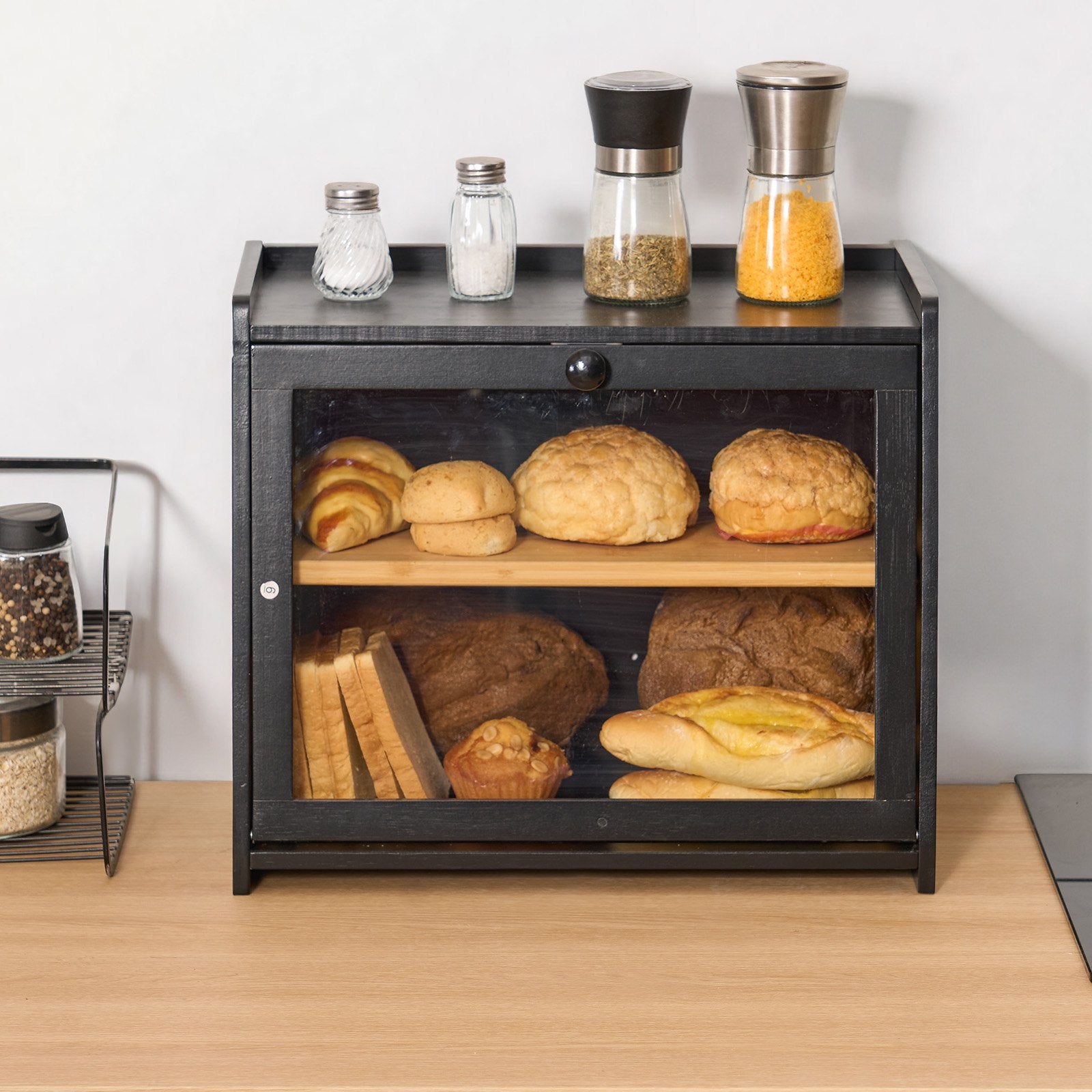 Double Layer Bamboo Bread Box for Kitchen Counter – With Cutting Board & Bread Knife-SROYAS -color:Black