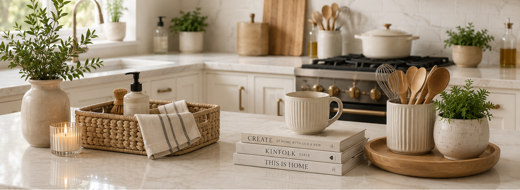 A beautifully styled modern kitchen interior featuring white marble countertops and backsplash, open wood shelves with ceramic dishes, a gas stove, and various home decor items including potted green plants, a woven basket, a striped towel, and stacked books on the counter.