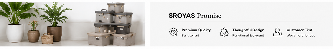 Decorative planters stacked on a white surface with 'SROYAS Promise' branding and product features listed.