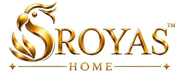 The Sroyas Home logo, featuring a stylized golden rooster head on the left and the word 'ROYAS' in large metallic gold letters, with 'HOME' and decorative stars below, all on a plain white background.