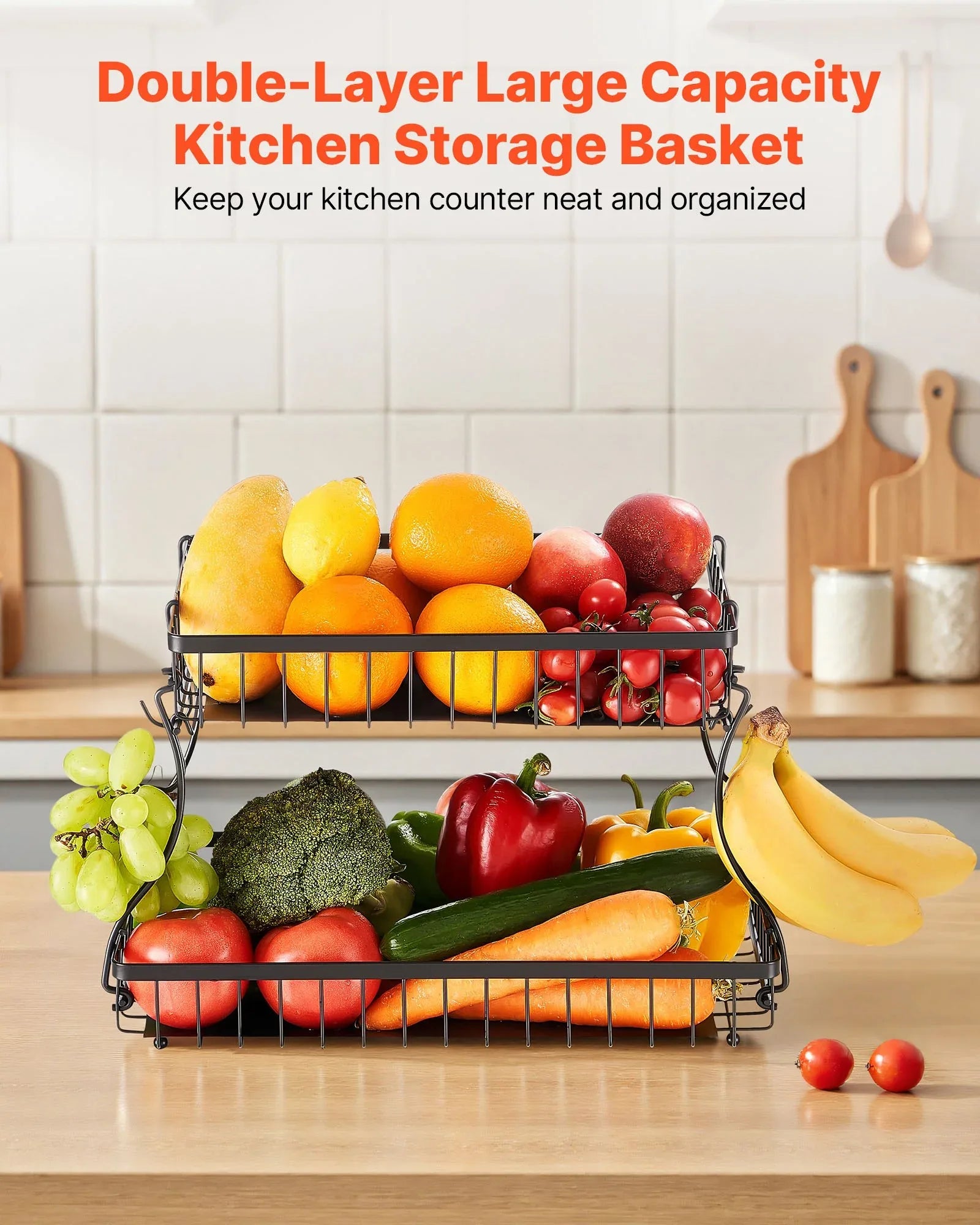 2-Tier Countertop Fruit Basket Stand with Banana Hanger-SROYAS 