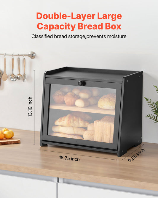 Double Layer Bamboo Bread Box for Kitchen Counter – With Cutting Board & Bread Knife-SROYAS 