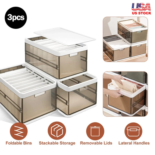 3-Pack Foldable Plastic Storage Bins with Lids-SROYAS 