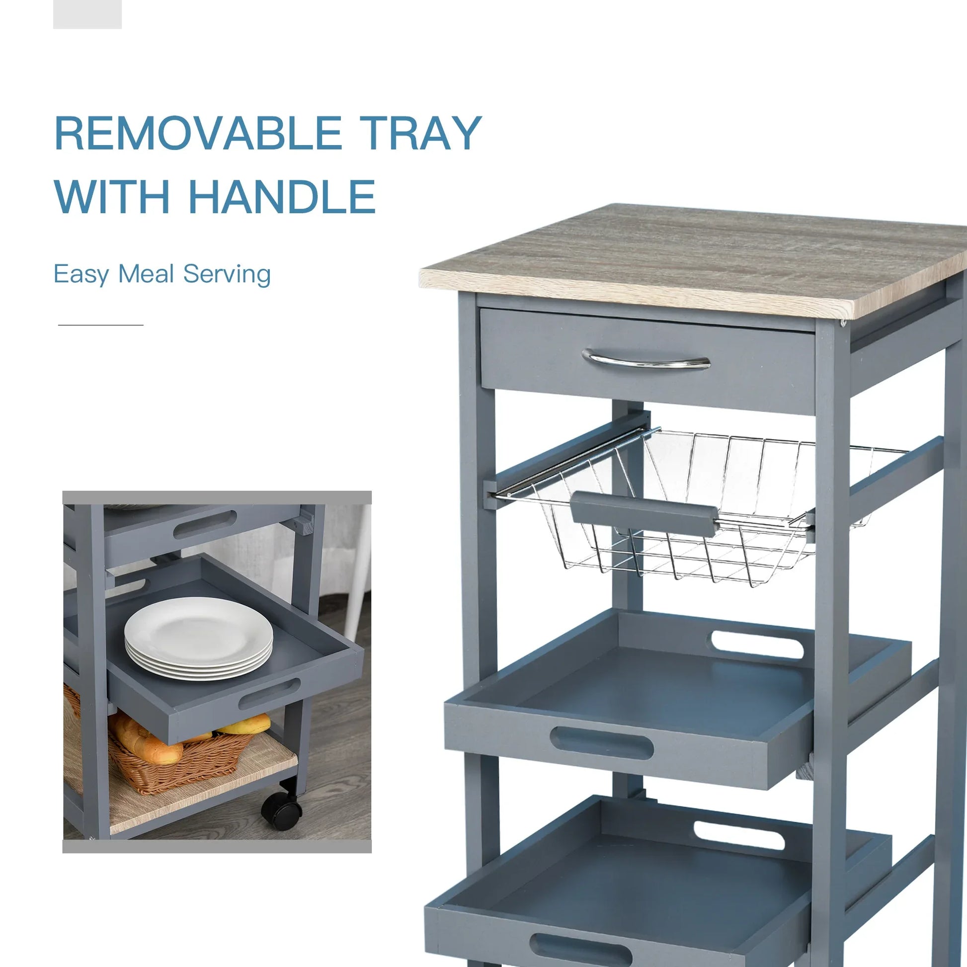 Rolling Kitchen Cart – Solid Wood Island with Drawer, Trays & Basket-SROYAS 