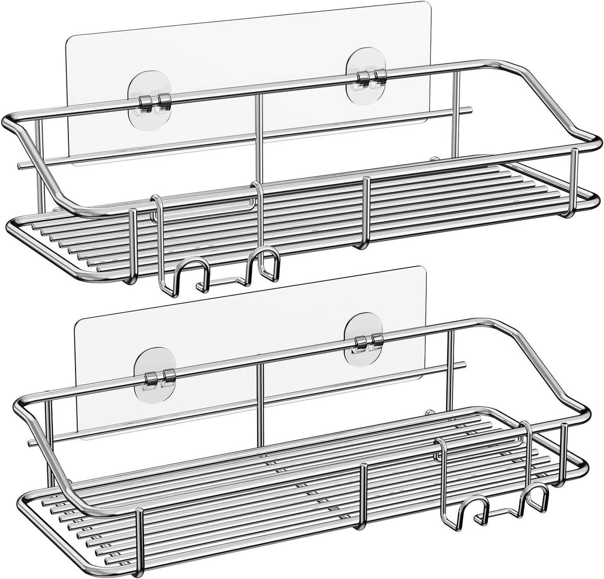 Two silver-tone wire shower shelves with adhesive backings
