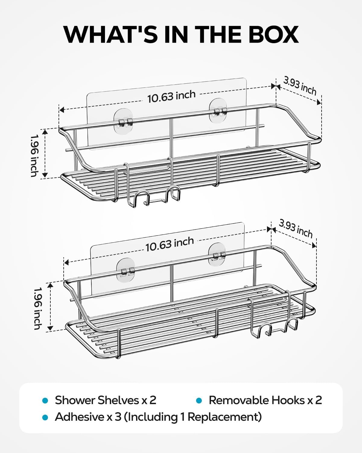 Two shelves, hooks, three adhesive pieces and basket-size diagram