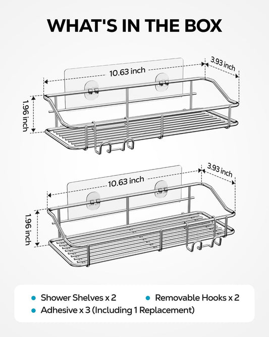 Two shelves, hooks, three adhesive pieces and basket-size diagram