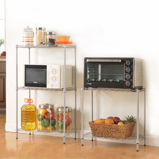Silver wire shelves holding kitchen supplies