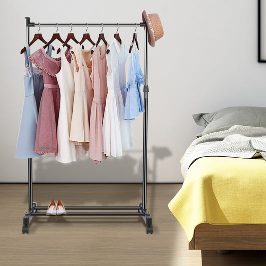 Clothes rack holding garments in a bedroom