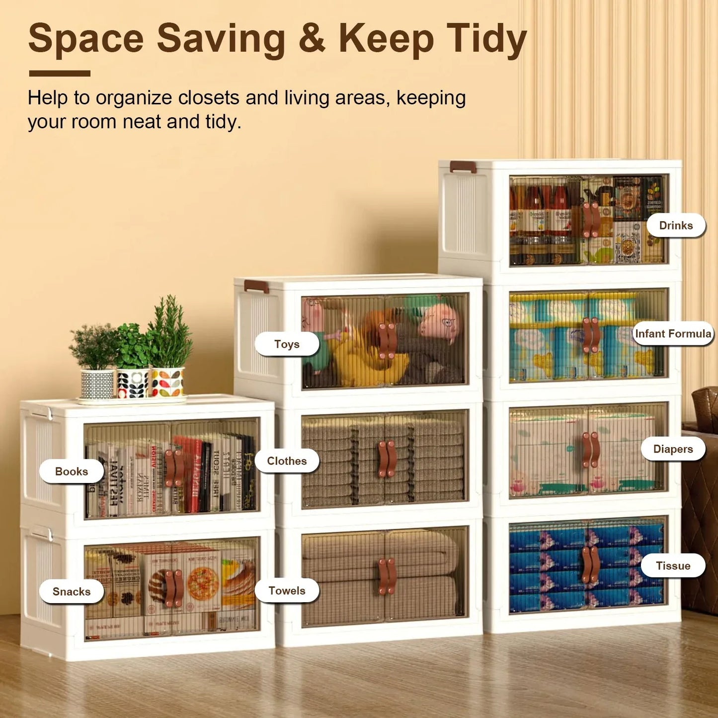 3-Piece Foldable Storage Bins with Lid, Wheels and Magnetic Door | Stackable Home Organizer for pantry food storage and kitchen organization - SROYAS