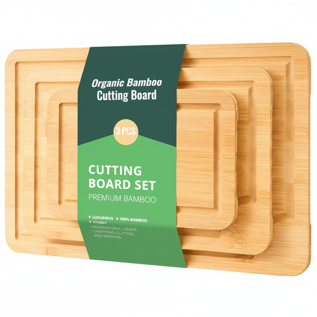 Bamboo Cutting Board Set | 3-Piece with Built-In Handle, Natural for kitchen organization and cabinet storage