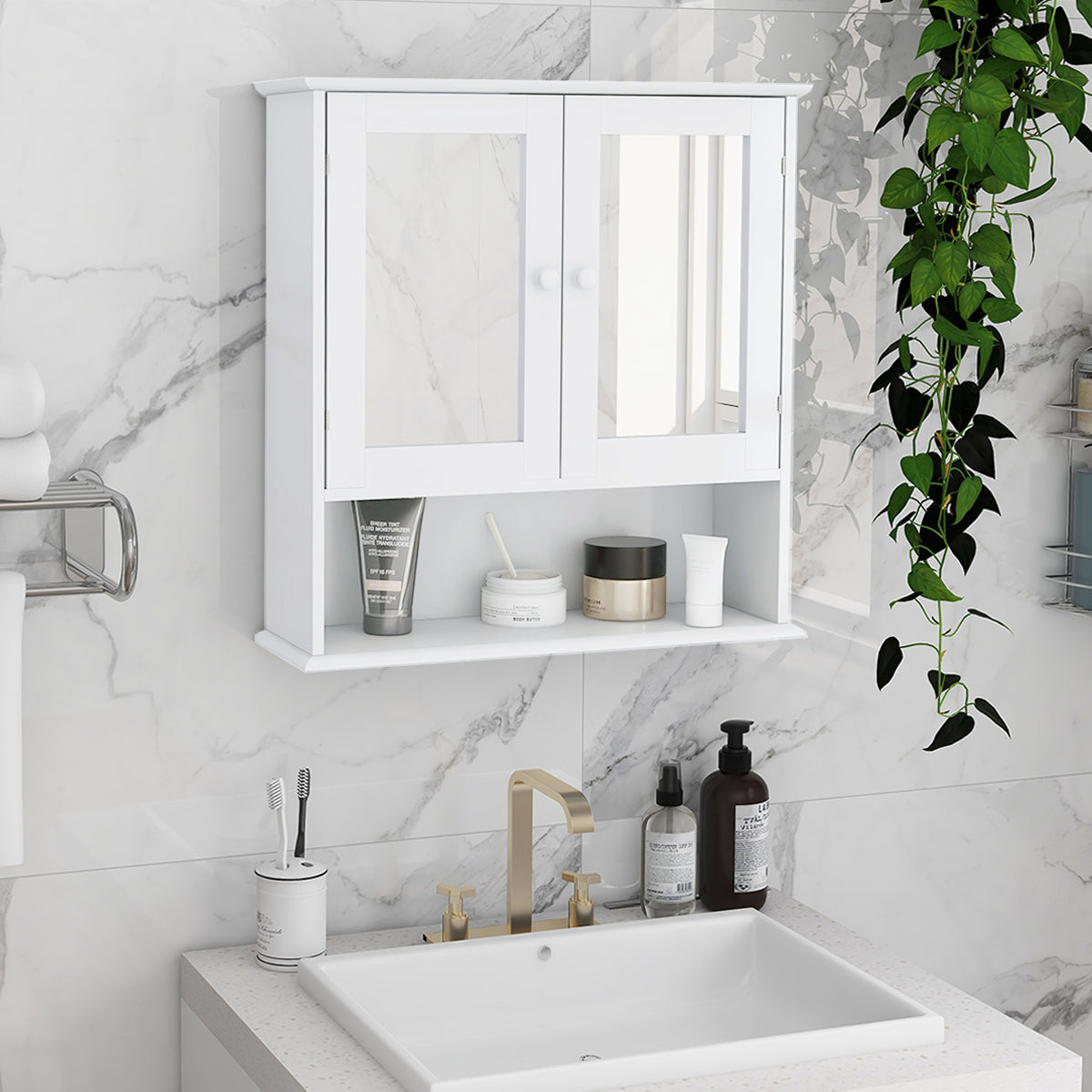 Bathroom Wall Cabinet with Double Mirror Doors view 2 for bathroom organization and vanity storage