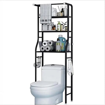 Full black over-toilet rack with display items