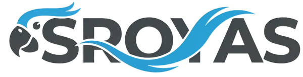 Brand Name: SROYAS
Style: Creative, modern, professional
Design Concept: The text "SROYAS" should be stylized to subtly resemble a parrot. 
- For example: 
   - The letters form the parrot’s body or beak shape
   - A parrot head incorporated into “S” or “A”
   - Feathers or tail accents integrated into the typography
Font: Bold, clean, sans-serif, but playful and curvy for a parrot effect
Colors: 
- Primary: #2D2D2D (dark gray for text)
- Accent: #42A5F5 (blue highlights for feathers or parrot accents)
Back