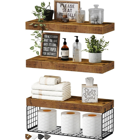 Three brown shelves with basket and displayed bathroom accessories